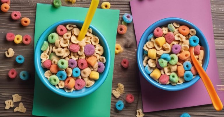 1. **Left side (or foreground):** A typical bowl of colorful, sugary breakfast cereal with milk, perhaps looking overly processed or artificial.