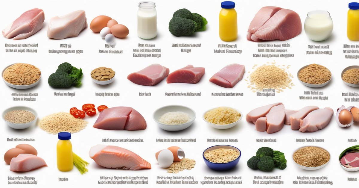 * **Food:** A vibrant and appealing arrangement of healthy, muscle-building foods such as lean meats (chicken breast, fish), eggs, whole grains (oats, rice), healthy fats (avocado, nuts, olive oil), and fresh vegetables/fruits. The food should look appetizing and abundant.
