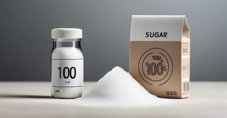* A precise, isolated pile of white granulated sugar on a clean, neutral surface, perhaps with a kitchen scale or measuring spoon subtly in the background to imply measurement.