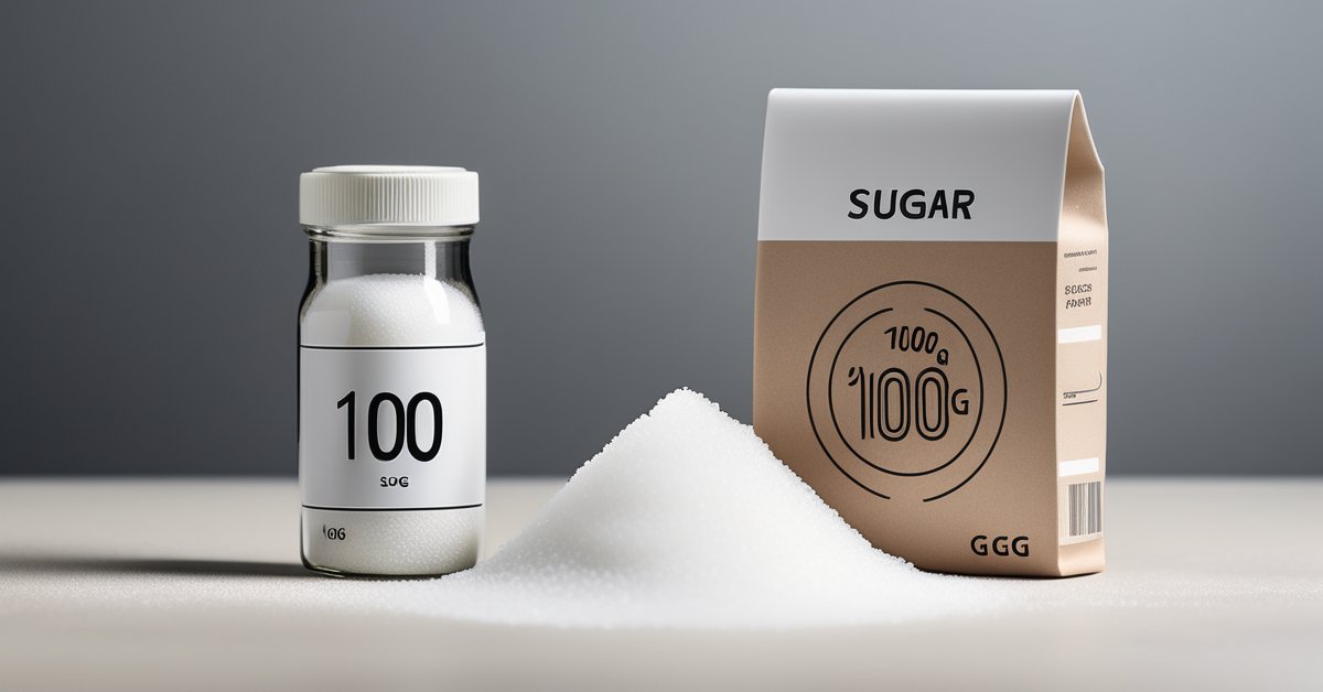 * A precise, isolated pile of white granulated sugar on a clean, neutral surface, perhaps with a kitchen scale or measuring spoon subtly in the background to imply measurement.