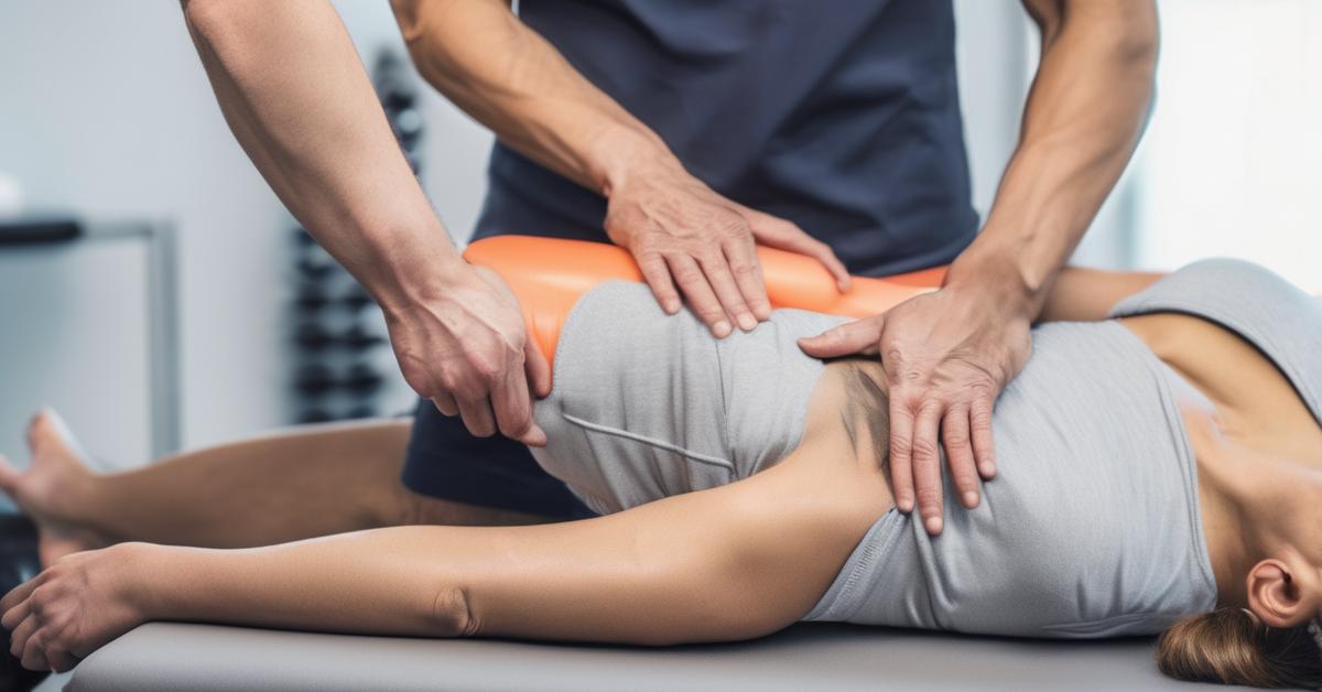 Przekrój anatomiczny przedstawiający warstwy powięzi i ich połączenia z mięśniami, kośćmi i organami wewnętrznymi.